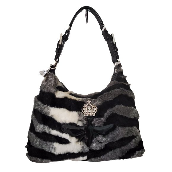 My Flat in London Handbags - My Flat in London Black White Zebra Print Faux Fur Bee Jewel Crown Shoulder Bag